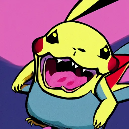 Prompt: an evil pikachu with big sharp teeth and too many eyes looks hungrily at a charlizard