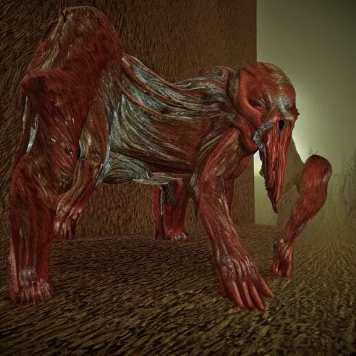 Image similar to skinned beast of then nether made of flesh caught on trailcam, 4k