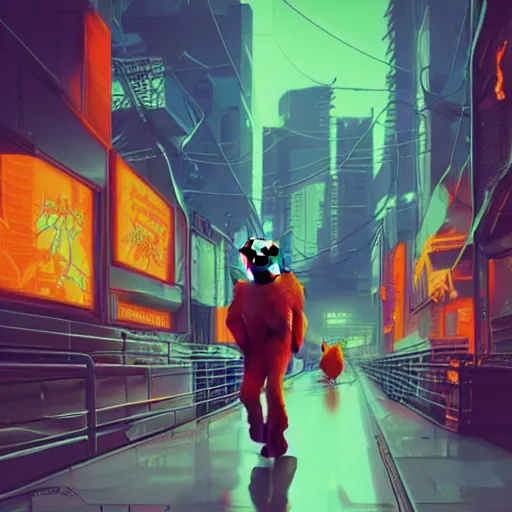 Image similar to Orange tabby cat walks through streets of a cyberpunk city, synthwave, Retrowave, trending on Artstation