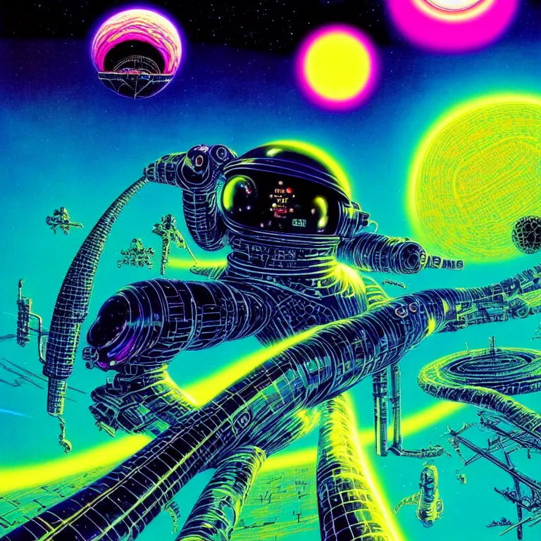 Image similar to astronaut hovering over infinite blackhole, quantum waves, synthwave, bright neon colors, highly detailed, cinematic, tim white, philippe druillet, roger dean, ernst haeckel, lisa frank, michael whelan, kubrick, kimura, isono