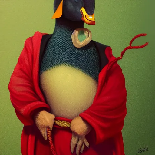 Image similar to portrait of cute mallard duck, wearing cultist red robe, noose around neck, doing witchcraft, expressive oil painting, digital art, octane render