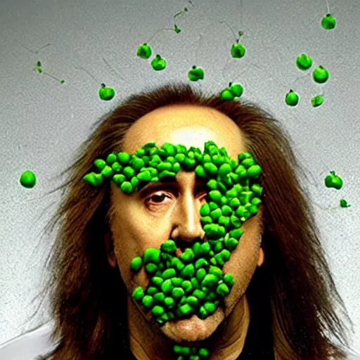 Image similar to nicolas cage trapped in a wicker cage with peas on his face, looking up, not the bees