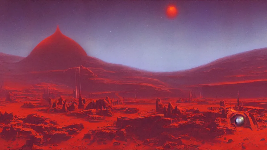 Image similar to mars colony by paul lehr and john schoenherr, cinematic matte painting