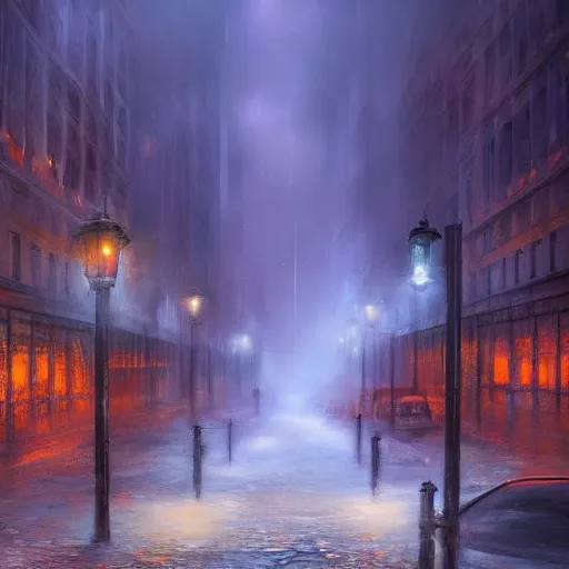 Prompt: Atmospheric painting of a street in chicago where all the buildings are made of crystal, digital art, highly detailed, extreme quality, dramatic lighting, trending on artstation, by a famous artist, moody, ethereal