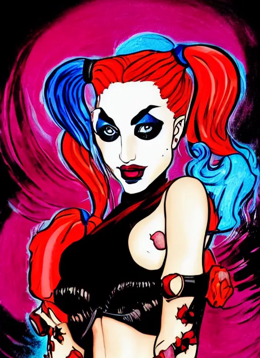 Prompt: closeup portrait of seductive harley quinn posing, roses, tension, jim lee, frank miller, night club, futurepunk, pinup, nagel, glamour pose, varga, moebius, gta v, dan mumford, mucha, nagel, fantasy tarot card, d & d, neon, black paper, vibrant, greg rutkowski,