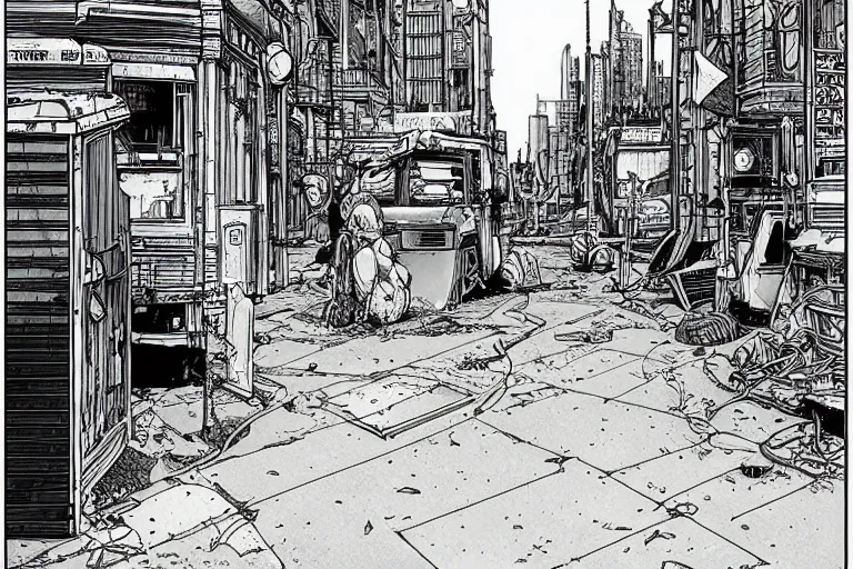 Image similar to Moebius artwork of a post apocalyptic city street