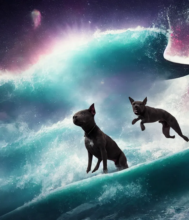 Image similar to photo of a dark gray coat pit bull with a white paws and a white nose!, surfing on a surfboard in a crashing wave of alien galaxy, trending on art station, ocean in space, background is an alien galaxy, aliens in the background, alien colors, octane render, unreal engine, wide view, 8 k, highly detailed