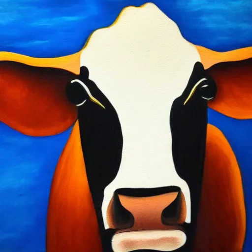 Image similar to a stylized painting of a cow looking into the camera, 4 k,