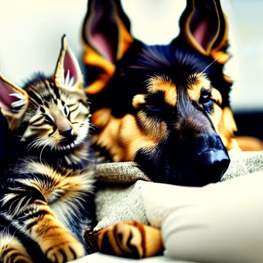 Prompt: detailed german shepherd sleeping in arms with a detailed kitten