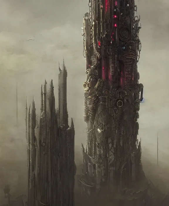 Image similar to a steampunk version of the tower of barad dur by hr giger and beksinski and stephan martiniere, trending on artstation, 4 k resolution, detailed, high quality, hq artwork