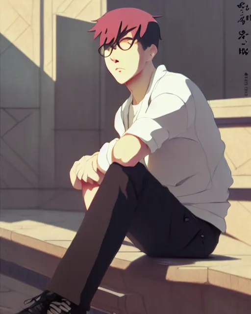 Prompt: handsome masculine man wearing fashionable street attire, sitting down with an intimidating appearance, octane render, unreal engine 5, trending on pixiv fanbox, by greg rutkowski makoto shinkai takashi takeuchi studio ghibli, akihiko yoshida