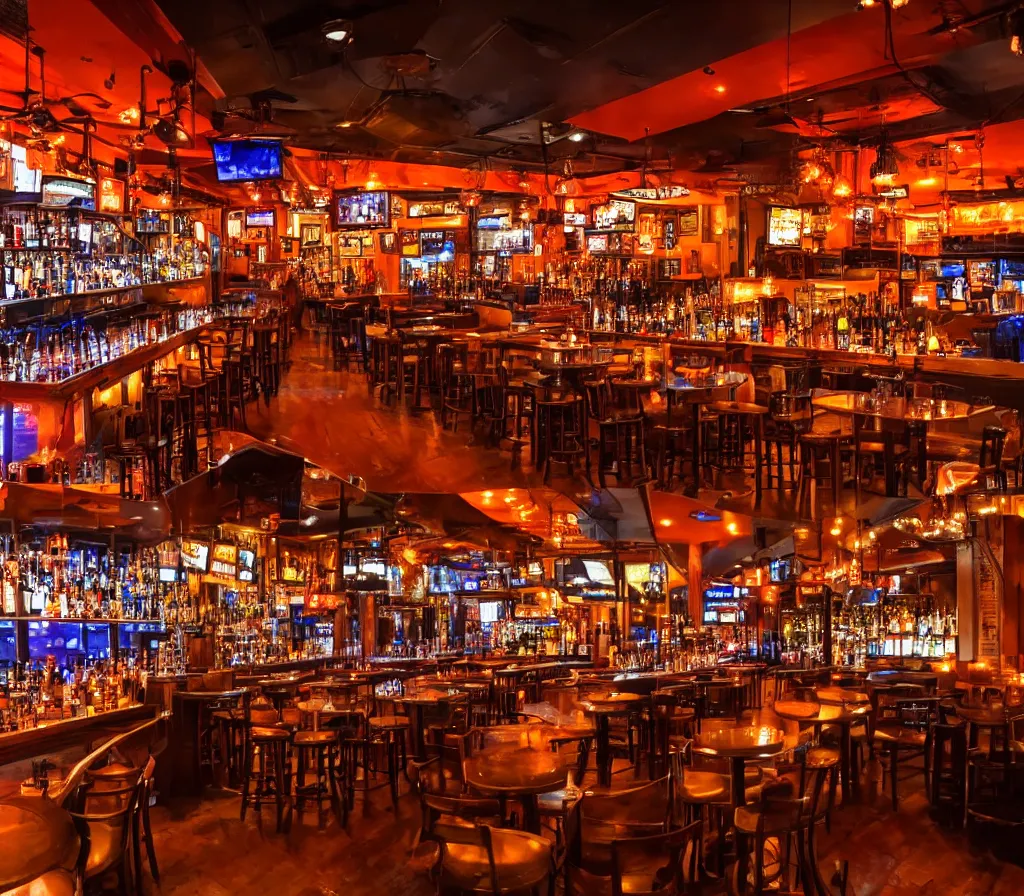 Image similar to a full shot of an entire bar restaurant with orange lighting, nighttime