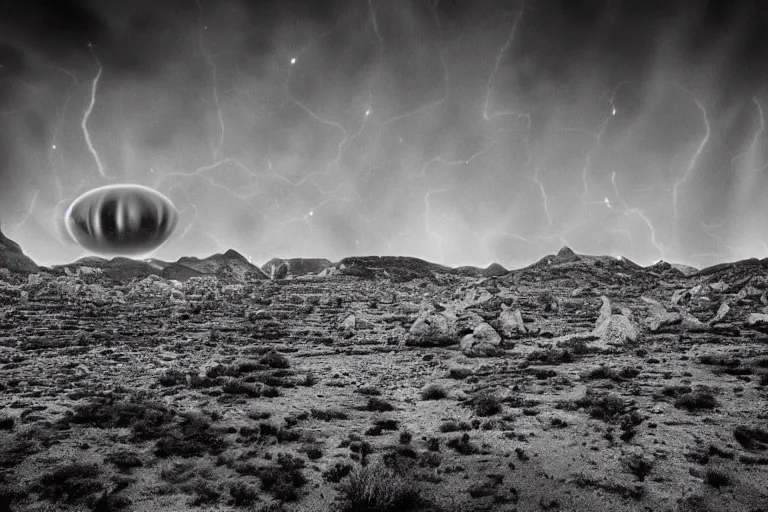 Image similar to aliens invading earth in the style of ansel adams, black and white, old, master photography