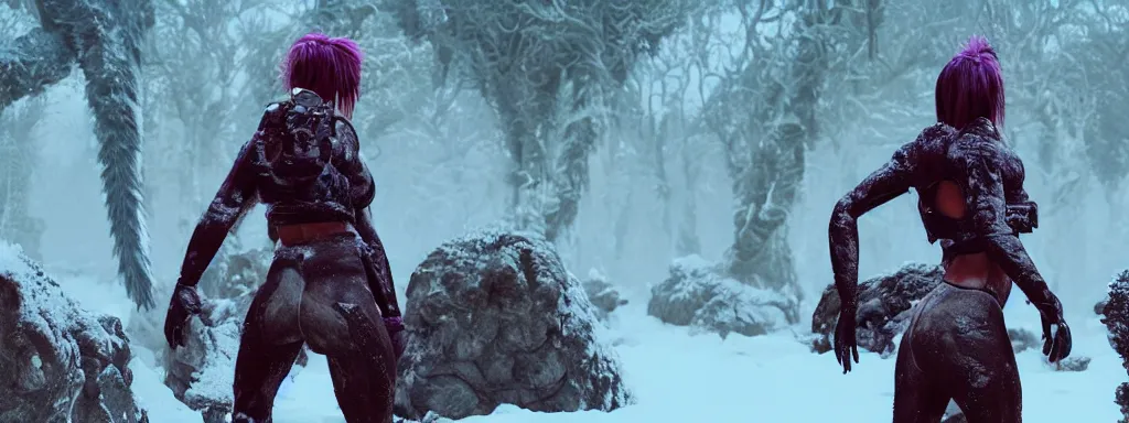 Prompt: muscular explorer woman walking forward in animal fur armour with crop top midriff, walking in a dense alien snow covered frosty jungle, with snow covered colourful red, blue and purple plants, large vines, snow covered arched organic rock structures, in the style of monster hunter world, like concept art on artstation, hyperdetailed, vray render, octane render,