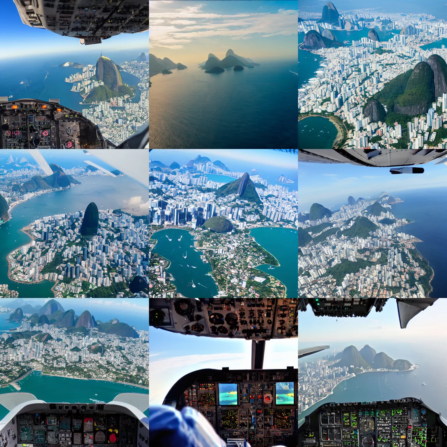 Prompt: from a plane cockpit fight deck you can see rio de janeiro, photograph