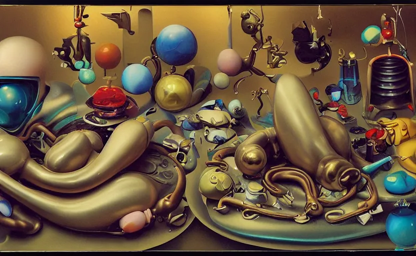 Prompt: strange curvy seductive futuristic robot body, enticing colorful oil painting dutch golden age vanitas eros still life sparse composition with bulbous objects strange gooey transparent surfaces shiny metal reflections bizarre mutant meat insects rachel ruysch dali todd schorr very detailed perfect composition rule of thirds masterpiece canon 5 0 mm, cinematic lighting, photography, retro, film, kodachrome