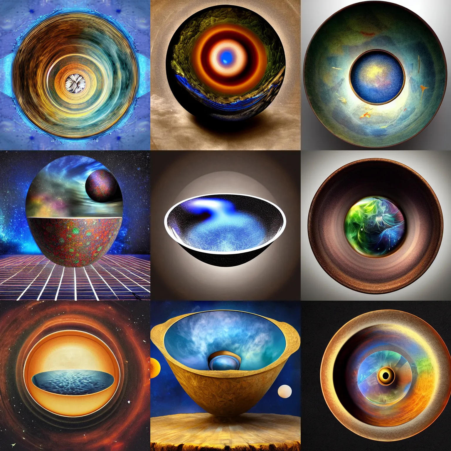 Prompt: composite of a bowl that has the universe inside of it, surrealism art