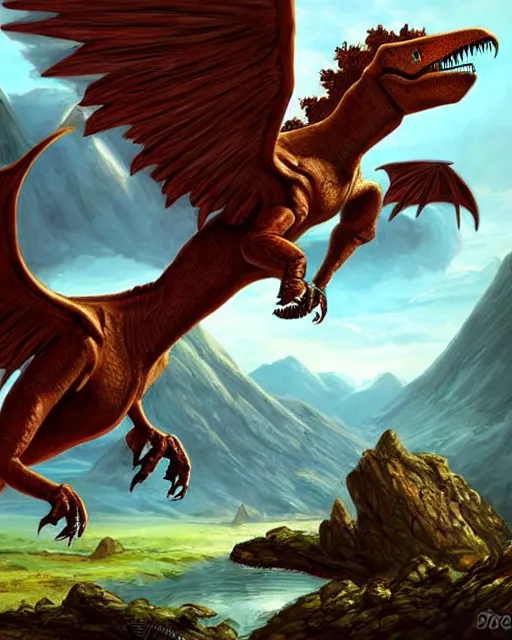 Prompt: ''winged dinosaur, fantasy, mountain landscape, d & d, digital painting, rule of thirds, artstation, deviantart, concept art, illustration, art by dragolisco and anne stokes and nico niemi''