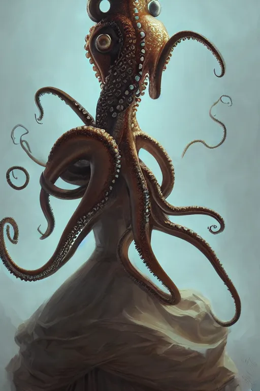 Image similar to portrait of an anthropomorphic octopus in a victorian - era ballgown, dramatic lighting, highly detailed, digital painting, artstation, concept art, smooth, sharp focus, illustration, art by wlop, mars ravelo and greg rutkowski