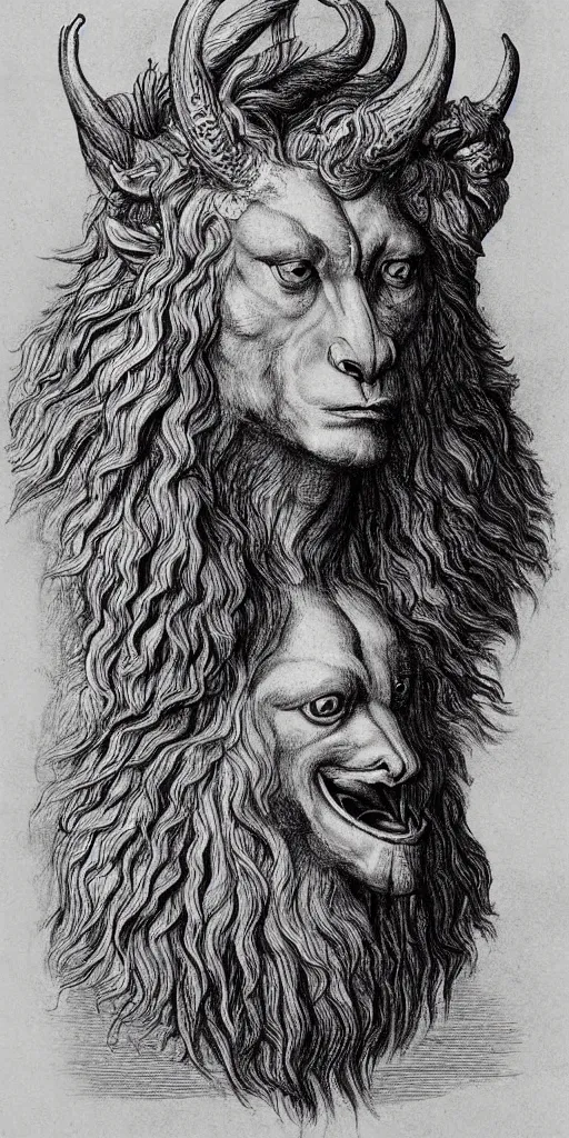 Image similar to human / eagle / lion / ox hybrid. horns, beak, mane, human body. drawn by da vinci