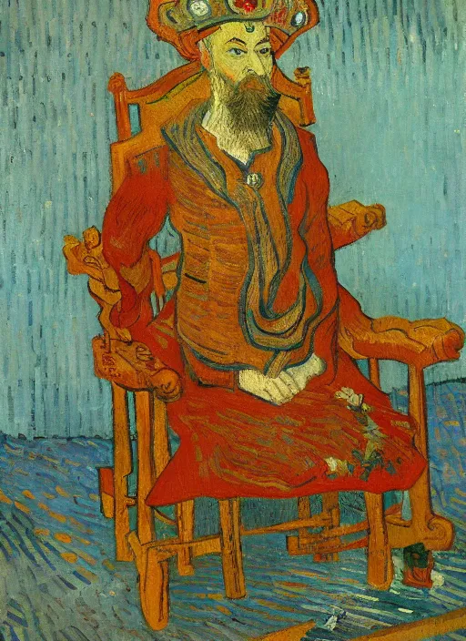 Prompt: detailed expressionist!! oil painting masterpiece portrait of an ancient emperor on his throne!! by van gogh, 8 k resolution, smooth, sharp focus, matte painting, beautiful masterpiece expressionist painting, greys and golds and purples