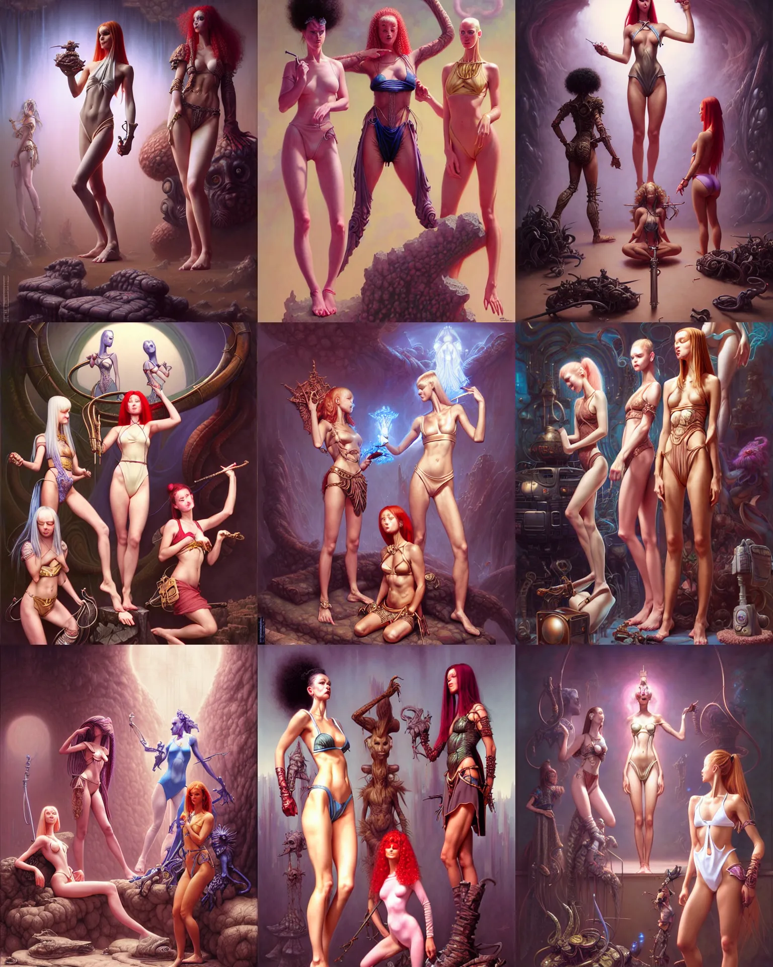 Prompt: girls watching tv, fantasy character portrait, bikini, skirt, shorts, long shirt, bodysuit, leotard, ultra realistic, wide angle, intricate details, the fifth element artifacts, highly detailed by peter mohrbacher, hajime sorayama, wayne barlowe, boris vallejo, paolo eleuteri serpieri