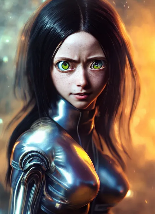 Image similar to alita battle demon, naturel, hyper detailed, digital art, trending in artstation, cinematic lighting, studio quality, smooth render, unreal engine 5 rendered, octane rendered, art style by klimt and nixeu and ian sprigger and wlop and krenz cushart