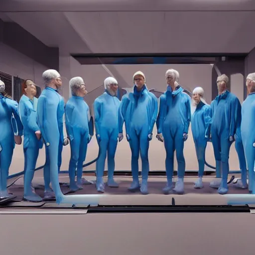 Image similar to group of identical athletic humans with light blue neoprene suits and white hair standing in a line on a conveyor belt, background of advanced futuristic laboratory, sci - fi, highly detailed, hyperrealistic