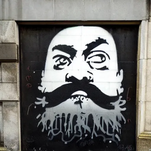 Image similar to banksy bearded graffiti, real life, sharp focus