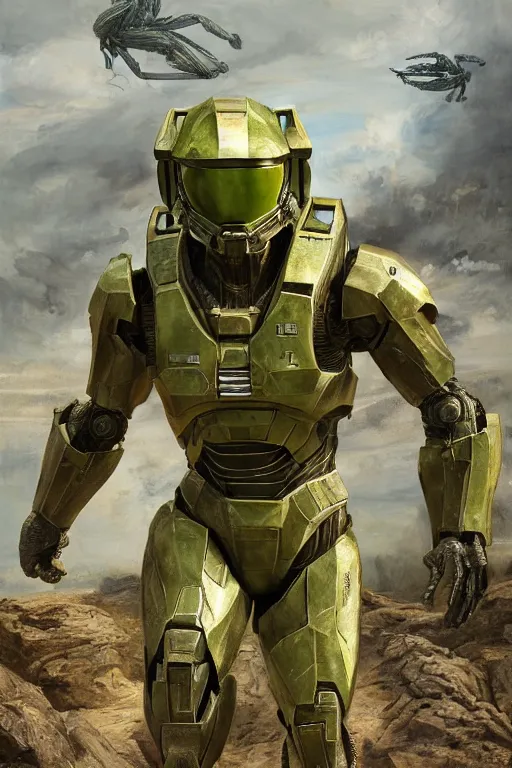 Image similar to praying mantis playing as master chief, oil on canvas, intricate, portrait, 8 k highly professionally detailed, hdr, cgsociety