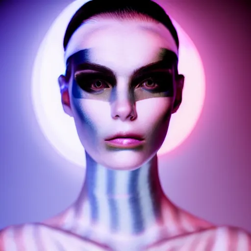 Prompt: high fashion photography of a model in neo futurism white sci - fi makup, transparent cloth, beautifully lit by neon light