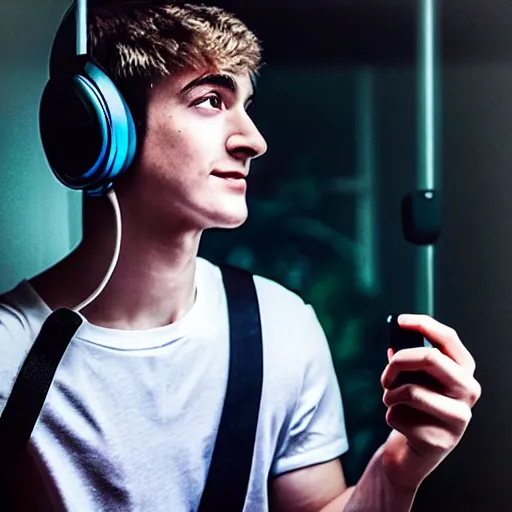 Image similar to “a realistic detailed photo of a guy who is an attractive humanoid who is half robot and half humanoid, who is a male android, twitch streamer Ninja Tyler Blevins, shiny skin, posing like a statue, blank stare, with gaming headphones on”