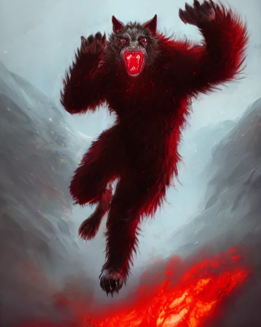 Prompt: oil painting of Angry Anthropomorphized Wolf Berserker, wearing red fur, claws, sharp focus, attack pose, fantasy style, octane render, volumetric lighting, 8k high definition, by greg rutkowski, highly detailed, trending on art Station, magic the gathering artwork, burning Battlefield background, centered