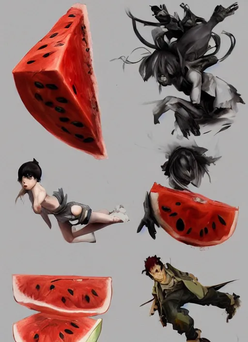 Image similar to semi reallistic gouache gesture painting, by yoshitaka amano, by ruan jia, by conrad roset, by dofus online artists, detailed anime 3 d render of an anthropomorphic watermelon, portrait, cgsociety, artstation, rococo mechanical, digital reality, sf 5 ink style, dieselpunk atmosphere, gesture drawn