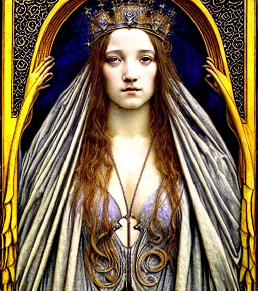 Image similar to detailed realistic beautiful young medieval queen face portrait by jean delville, gustave dore and marco mazzoni, art nouveau, symbolist, visionary, gothic, pre - raphaelite. horizontal symmetry