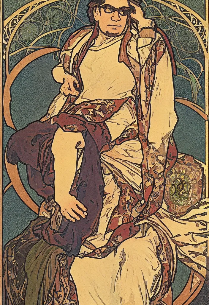 Image similar to Yann LeCun sitting on the throne on a tarot card, tarot in art style by Alphonse Mucha