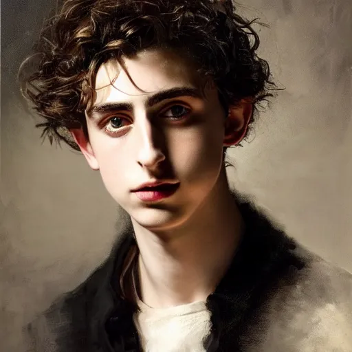 Prompt: high quality oil painting portrait of Timothée Chalamet by Rembrandt and Raymond Swanland, dark background, high fantasy, perfect lighting, 8k, HD