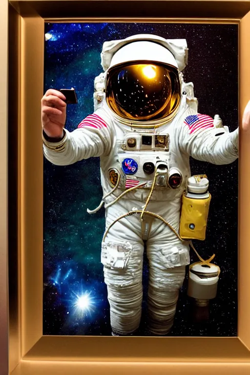 Image similar to extremely detailed studio portrait of space astronaut, holds a smart phone in one hand, phone!! held up to visor, reflection of phone in visor, moon, extreme close shot, soft light, golden glow, award winning photo by david lachapelle