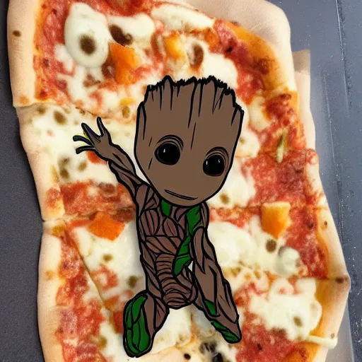 Image similar to Baby Groot eating a pizza