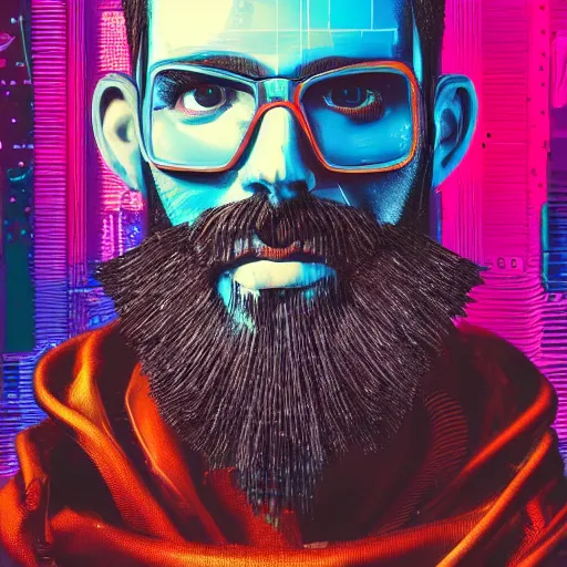 Image similar to Beautiful Photo of Arduino Uno in the robot's head. cyborg beard man profile view. Cyberpunk. splatterpunk. 4K