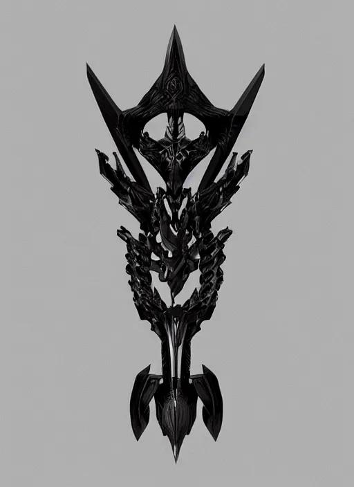 Image similar to a black great sword skull crest, orthographic, ornament, weapon, a 3 d render by dom qwek, front side full, trending on polycount, artstation, hard surface modeling, rendered in maya, zbrush, blender, hd, vray, berserk, symmetry