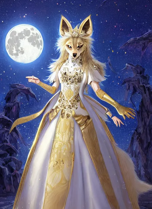 Image similar to commissioned full body portrait of a female anthro wolf-headed princess fursona with white hair wearing a white and gold chinese armored dress in a white and gold palace on a starry night with a large rescent moon, by a professional manga illustrator, Stanley Artgerm Lau, WLOP, Rossdraws, James Jean, Andrei Riabovitchev, Marc Simonetti, and Sakimichan, trending on artstation