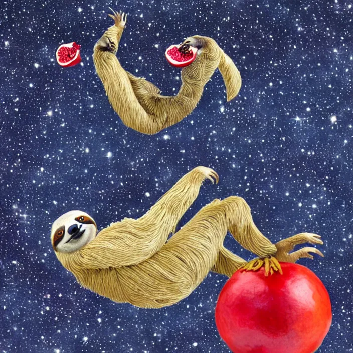 Prompt: sloth enjoying a pomegranate floating though space, starry background, in the style of dali