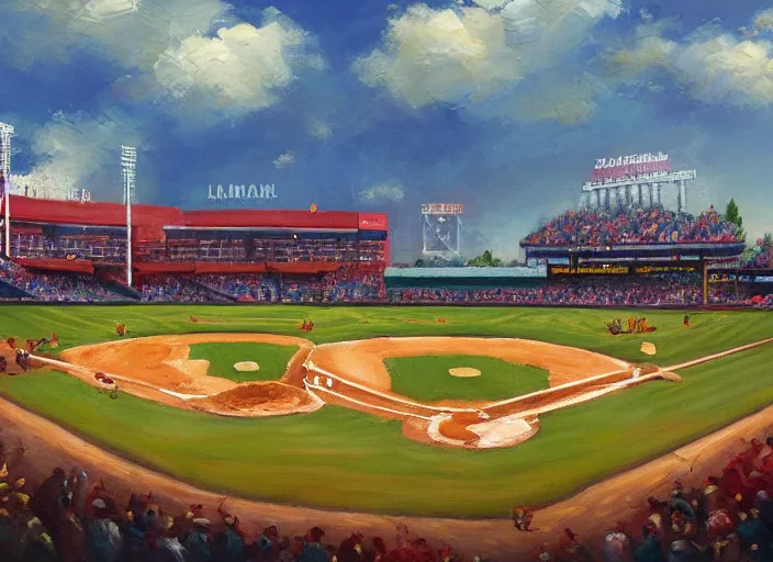 Prompt: a baseball stadium built of corn, oil painting by jama jurabaev, extremely detailed, brush hard, artstation, for aaa game, high quality, brush stroke