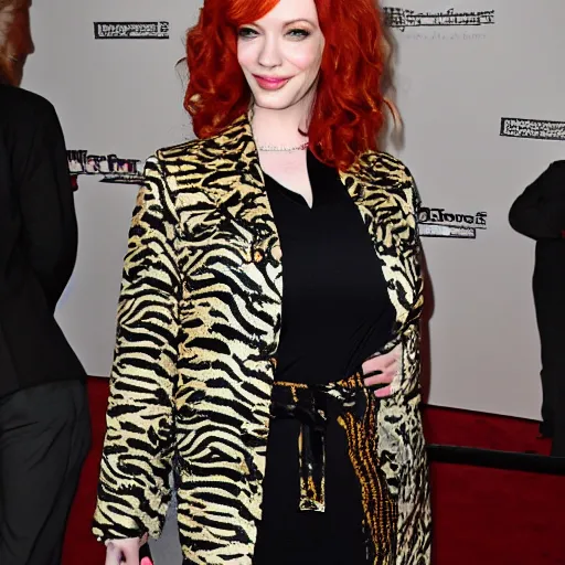 Prompt: christina hendricks with tiger jacket,