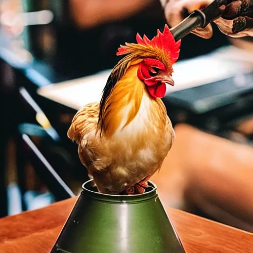 Image similar to photo of a chicken ripping a bong, chicken ripping a bong hit