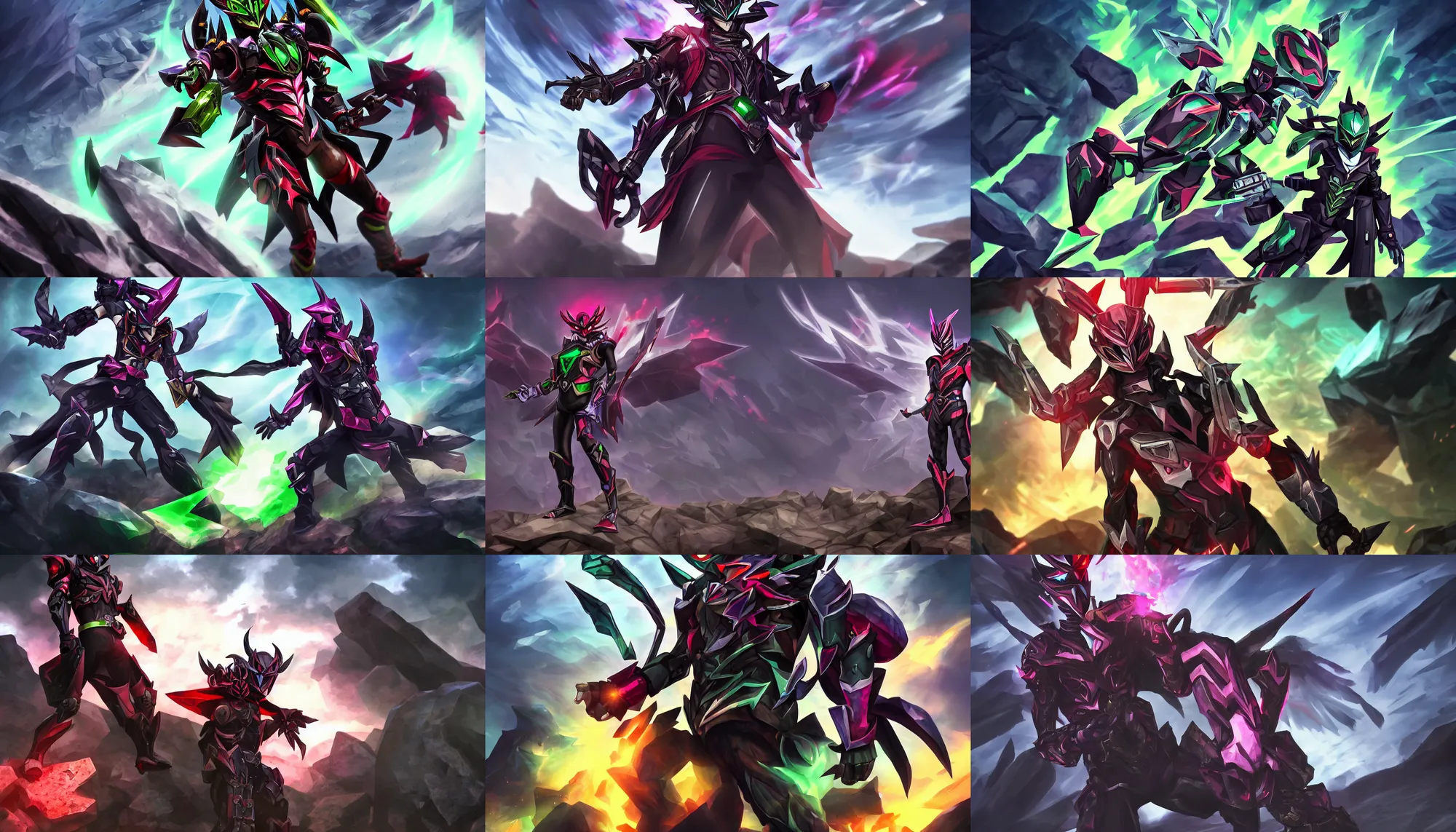 Prompt: Demonic Kamen Rider standing in a rock quarry doing a henshin pose, League of Legends Splash Art, high quality, 4k, concept art, illustration, Arcane