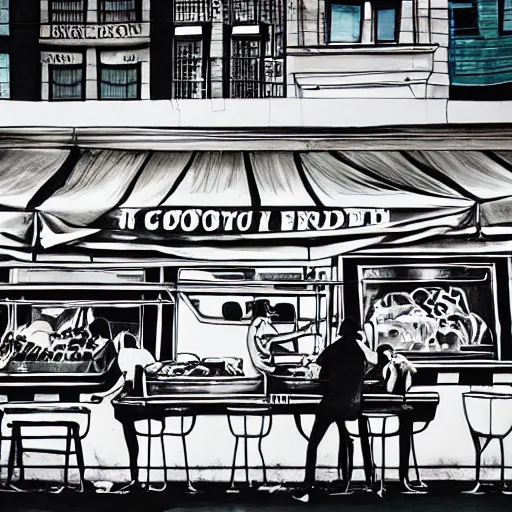 Image similar to marker paintings of street food with off white background in black and white