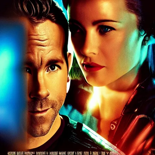 Prompt: poster for a romantic movie featuring ryan reynolds as sgt chase meeting the love of his life tiffany in prison, cyberpunk setting, 4 k resolution, on on imax