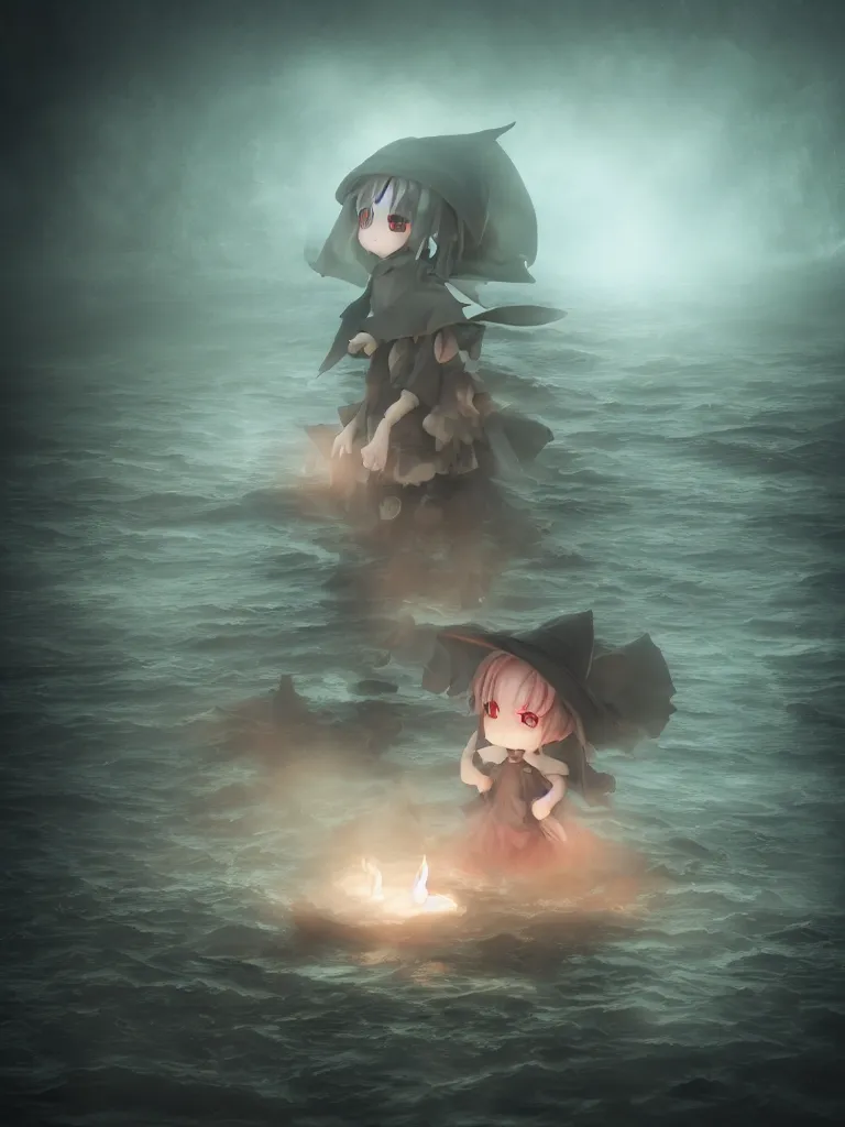 Image similar to cute fumo plush girl witch standing in reflective murky river water, gothic horror maiden in tattered cloth, hazy heavy swirling volumetric fog and smoke, moonglow, lens flare, chibi anime, vray